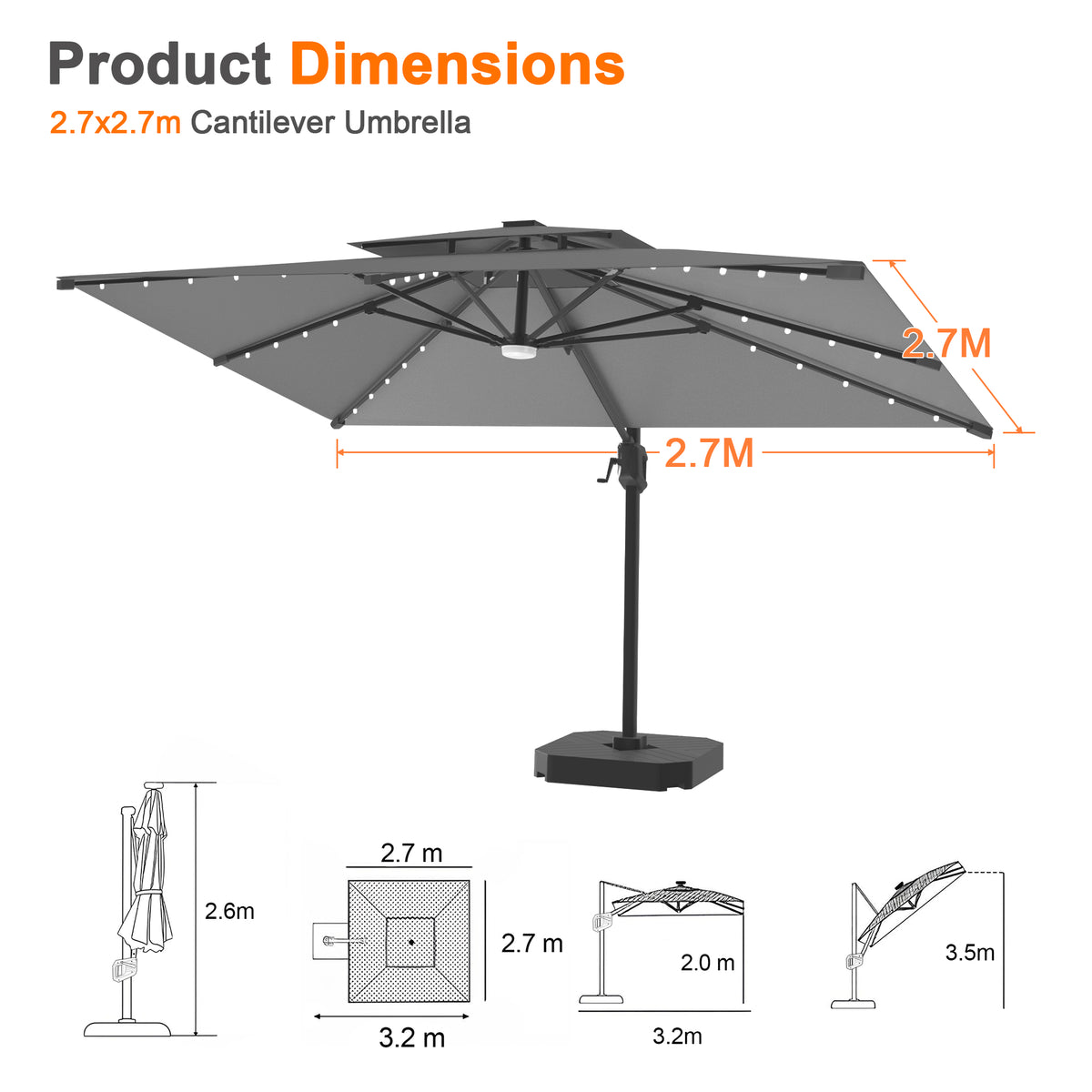 LEDビーズ付き大型ガーデンパラソル シルバー 2.7×2.7m UVカット 撥水 - Parasoru