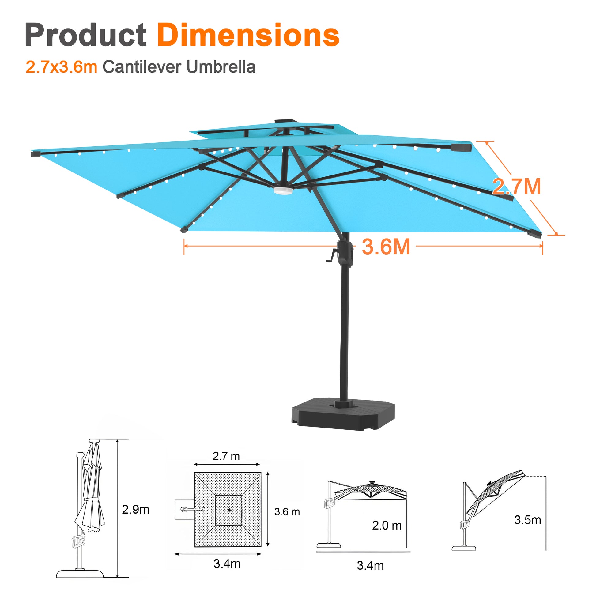 LEDビーズ付き大型ガーデンパラソル ターコイズ 2.7×3.6m UVカット 撥水 - Parasoru