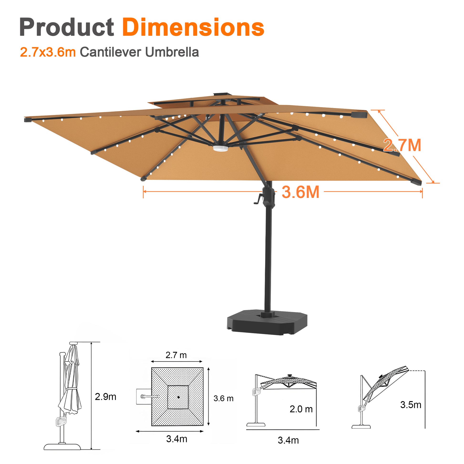 LEDビーズ付き大型ガーデンパラソル カーキ 2.7×3.6m UVカット 撥水 - Parasoru