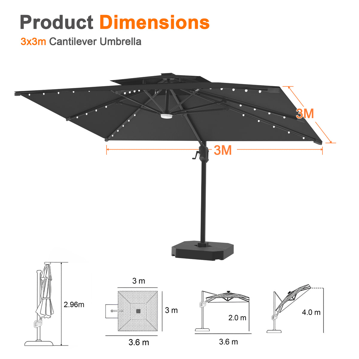 LEDビーズ付き大型ガーデンパラソル ブラック 3×3m UVカット 撥水 - Parasoru