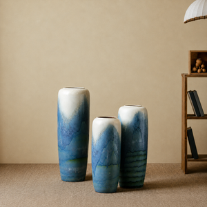 水墨山水柄 大型陶器フロアベース｜玄関・リビング・ガーデン用花瓶