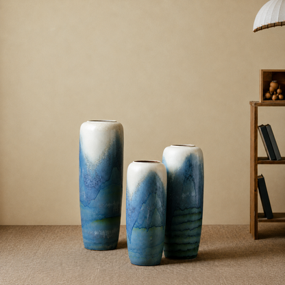 水墨山水柄 大型陶器フロアベース｜玄関・リビング・ガーデン用花瓶